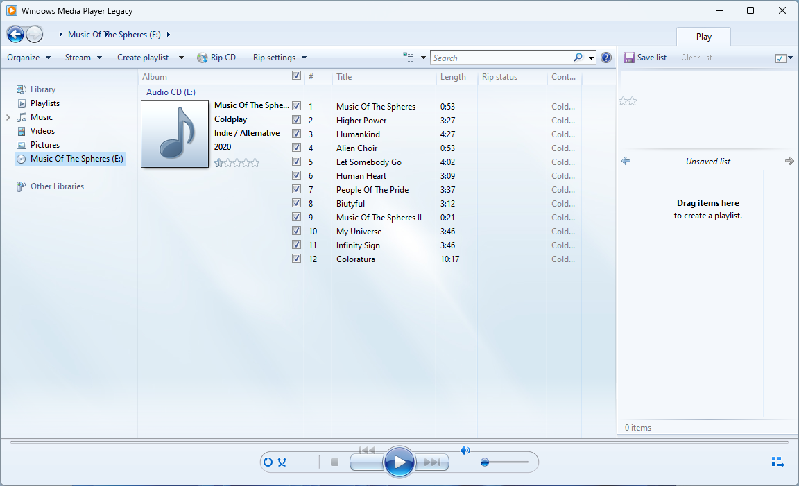 A CD in Windows Media Player.