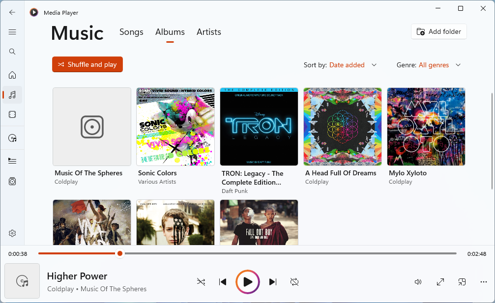 Screenshot of Music page in Media Player.