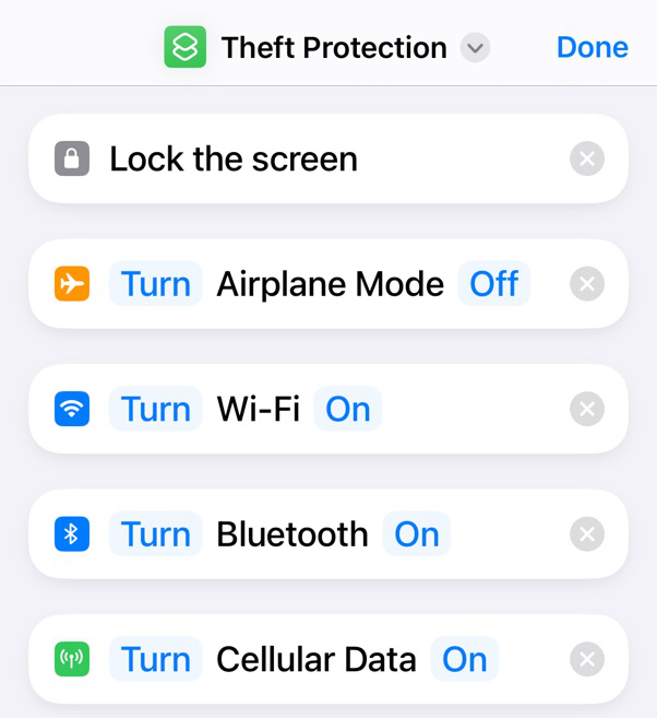 Completed 'Theft Protection' shortcut on iPhone.