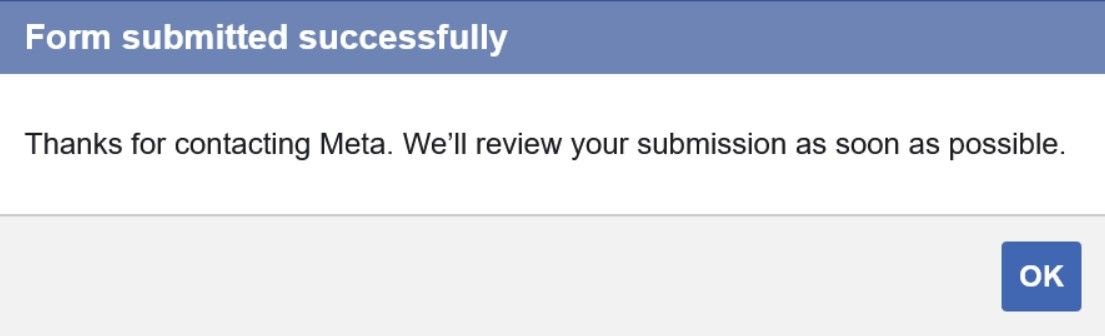 Confirmation message from Facebook.