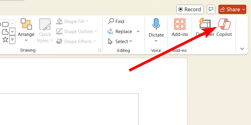 The "Copilot" button in PowerPoint.
