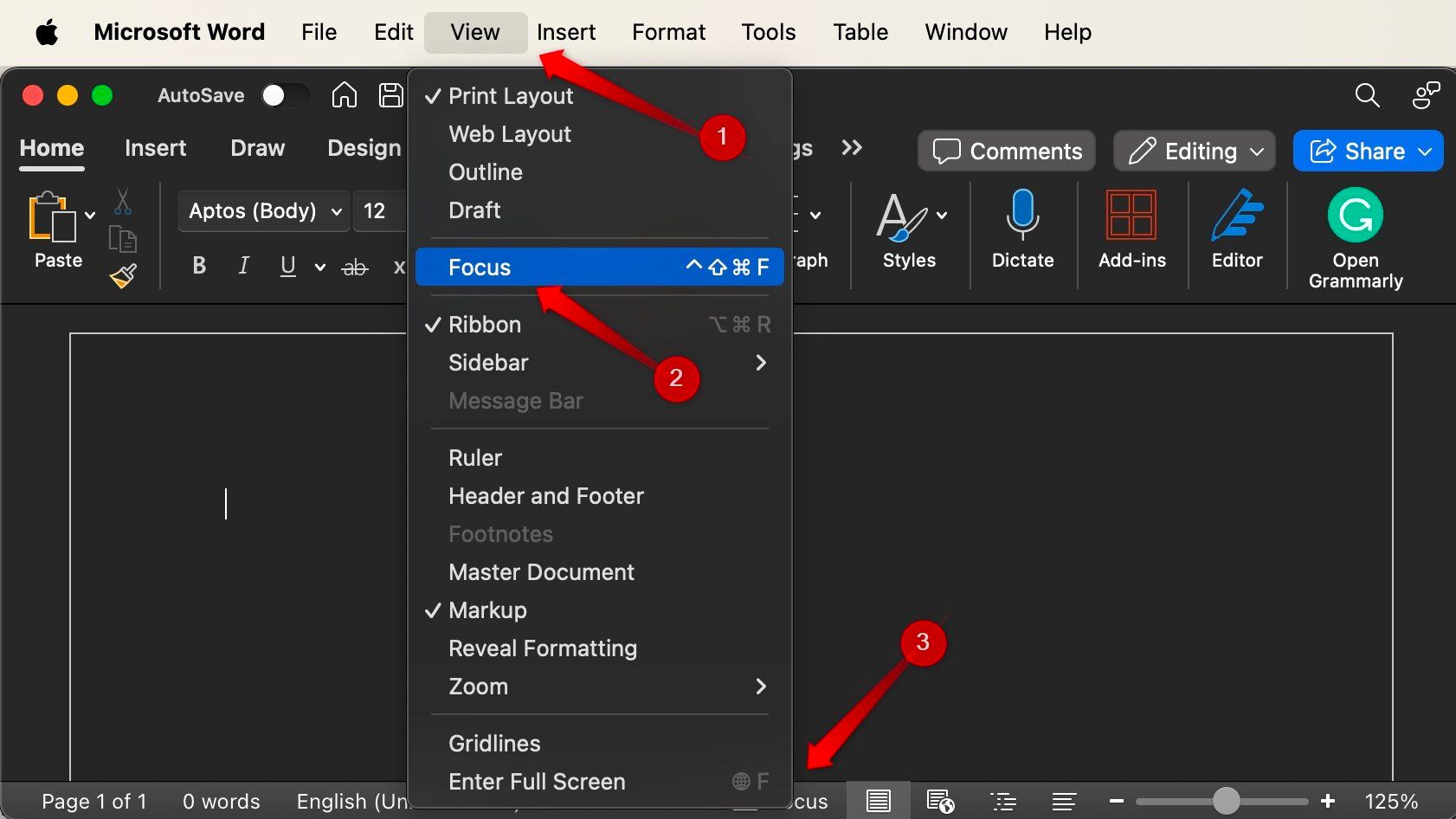 Enabling the Focus mode in Microsoft Word