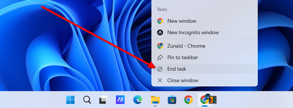 Ending a task from the taskbar on Windows