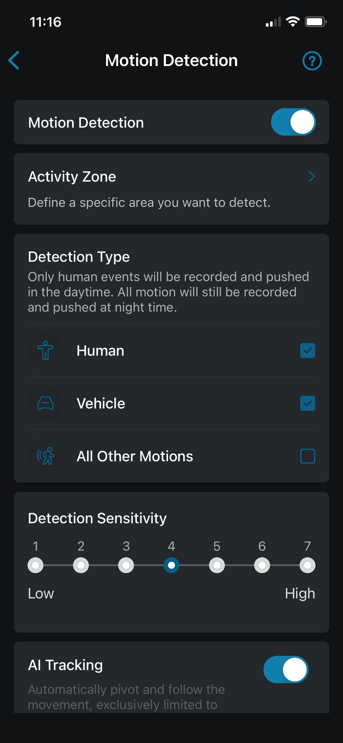 Motion detection settings in the Eufy Security app