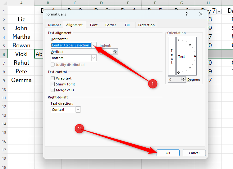 The Excel Format Cells dialog box with the Alignment tab opened. The Horizonal option is changed to 'Center Across Selection,' and the OK button is highlighted.