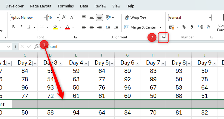 An Excel sheet with a row selected and the Alignment icon highlighted.