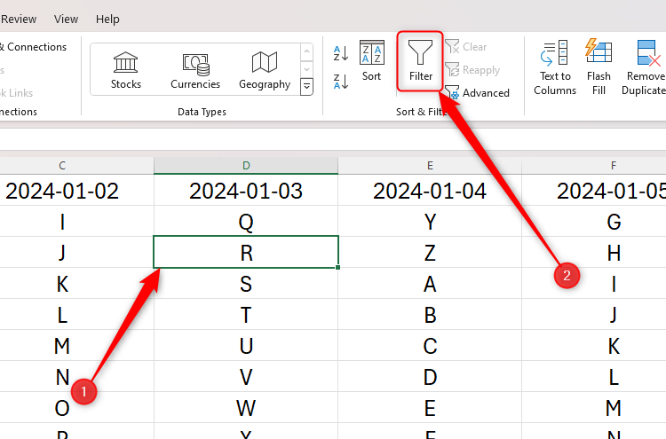 An unformatted Excel table with the Filter icon in the Data tab highlighted.
