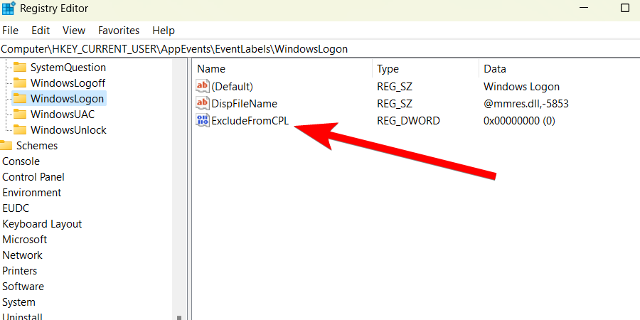 The "ExcludefromCPL" value in the Registry Editor.