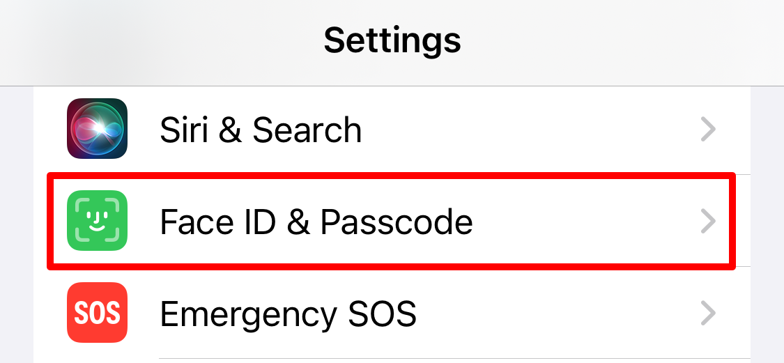 Face ID & Passcode option in iPhone settings.