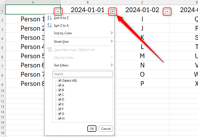 Excel's Filter button is highlighted in a table.