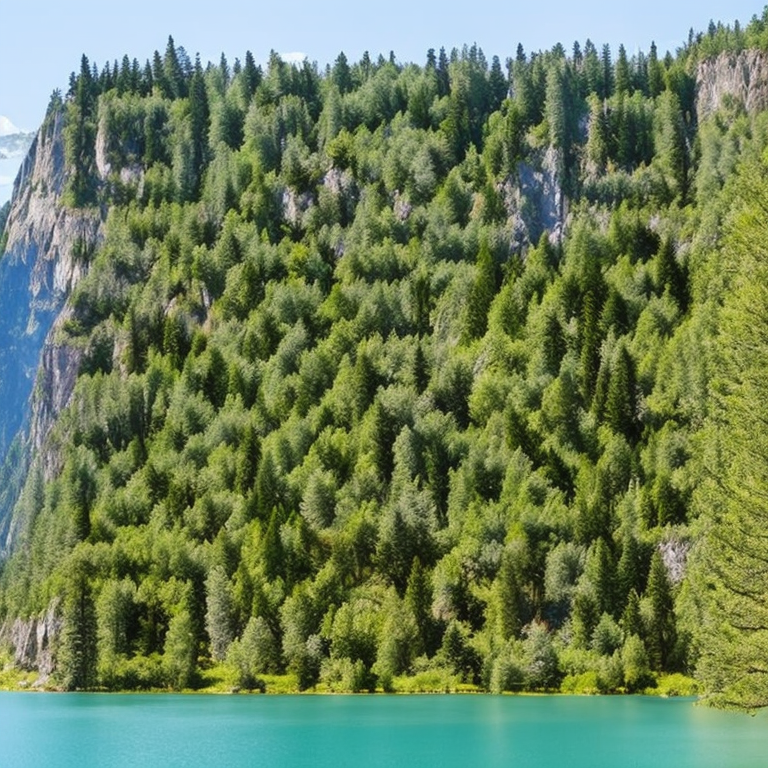 AI generated QR code in the shape of a mountainside forest and lake.