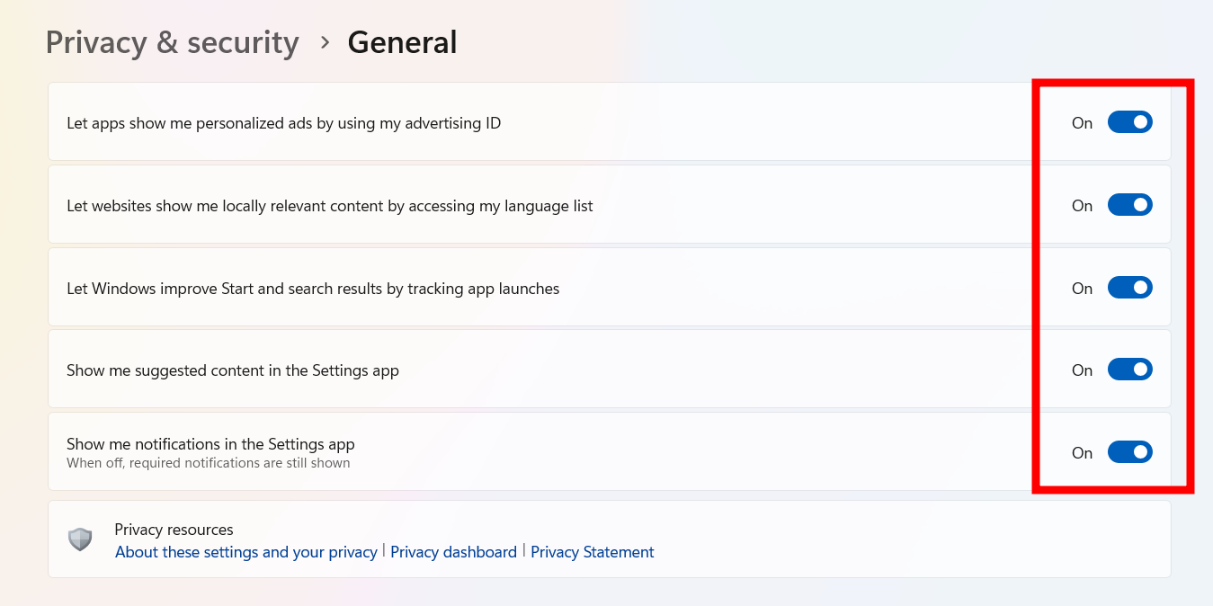 General privacy settings on Windows displayed