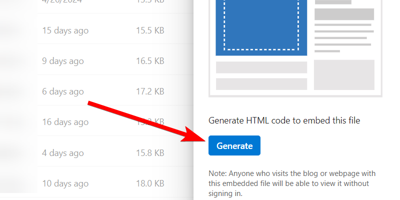 Generating an HTML embed code on OneDrive.