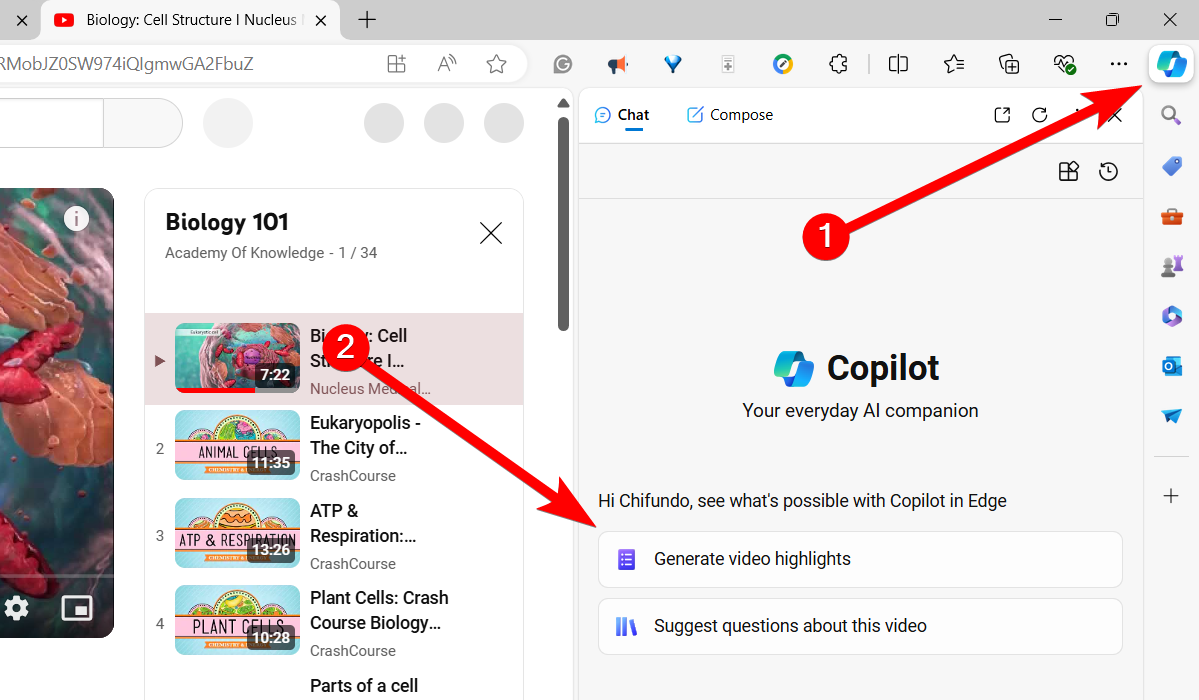 Generating a summary for a video in Microsoft Edge using Copilot.