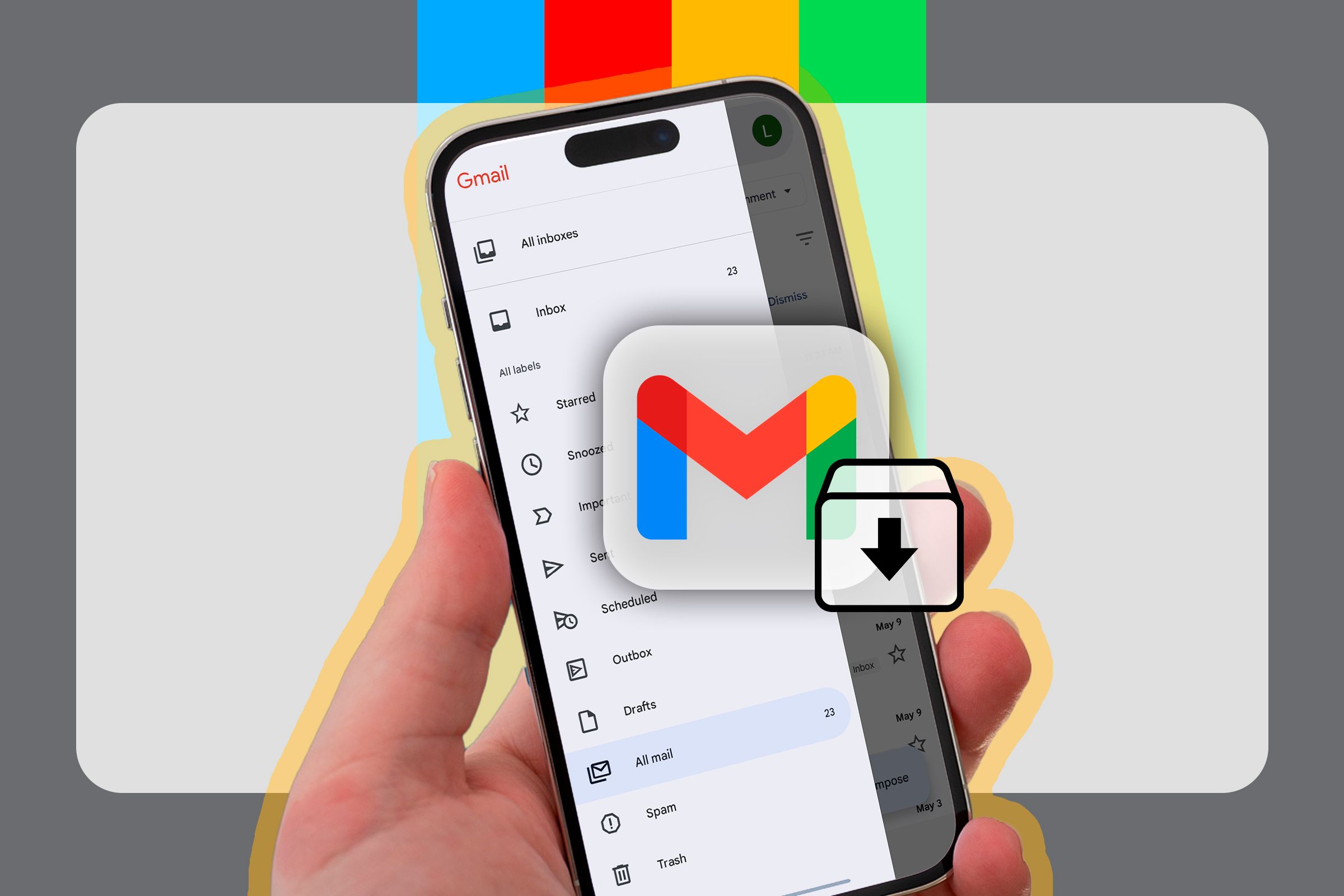 Gmail on a phone screen and a Gmail and archive icon.