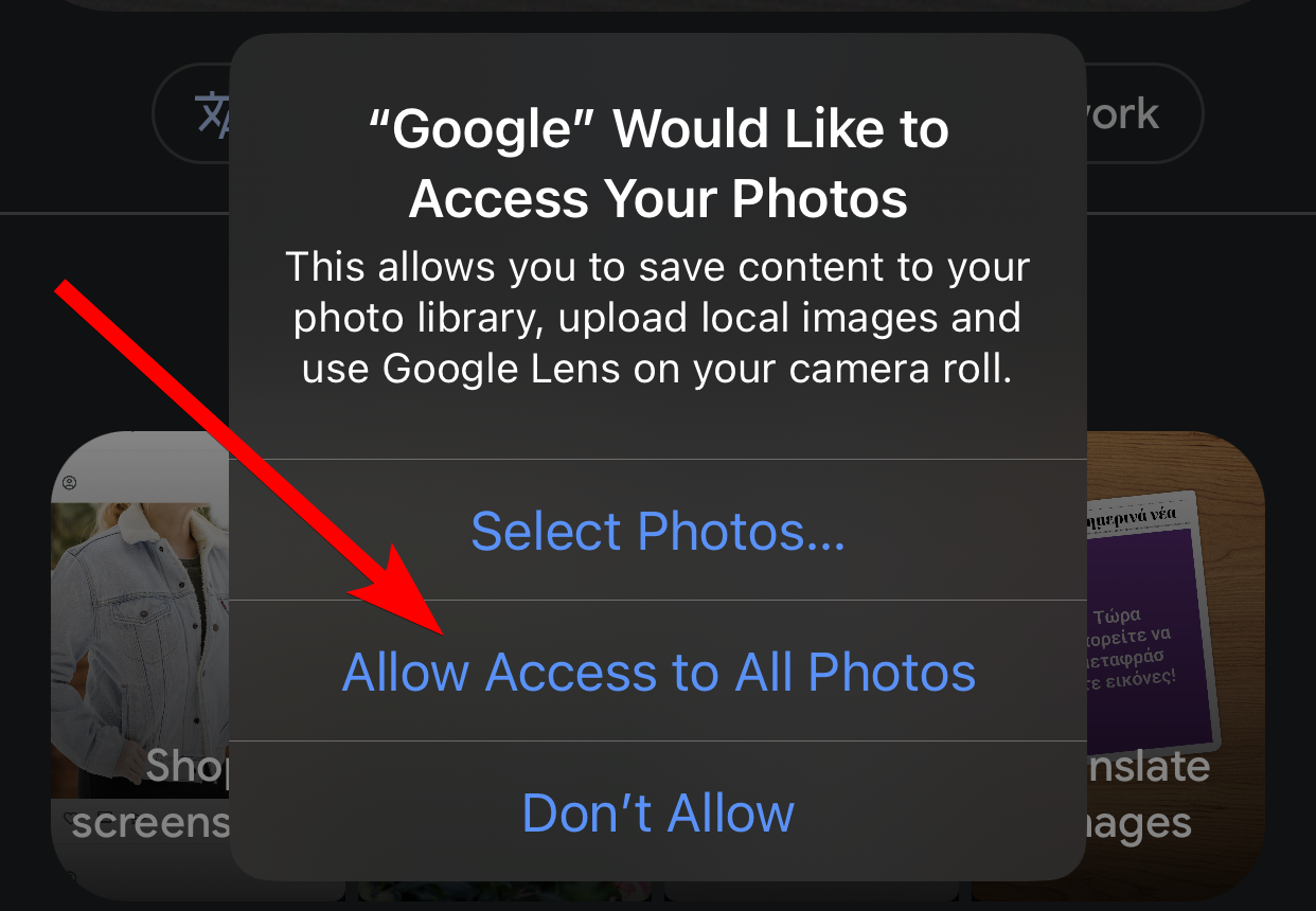 The prompt to allow access to all photos in the Google app on iPhone.