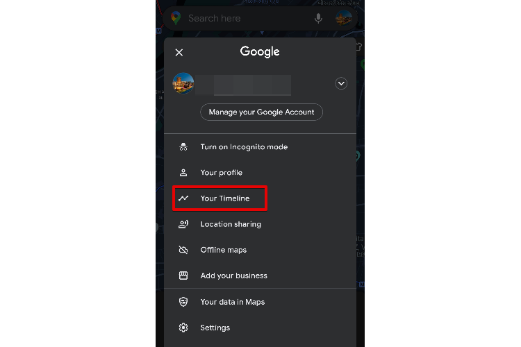 Google Maps profile screen with "Your TImeline" option highlited