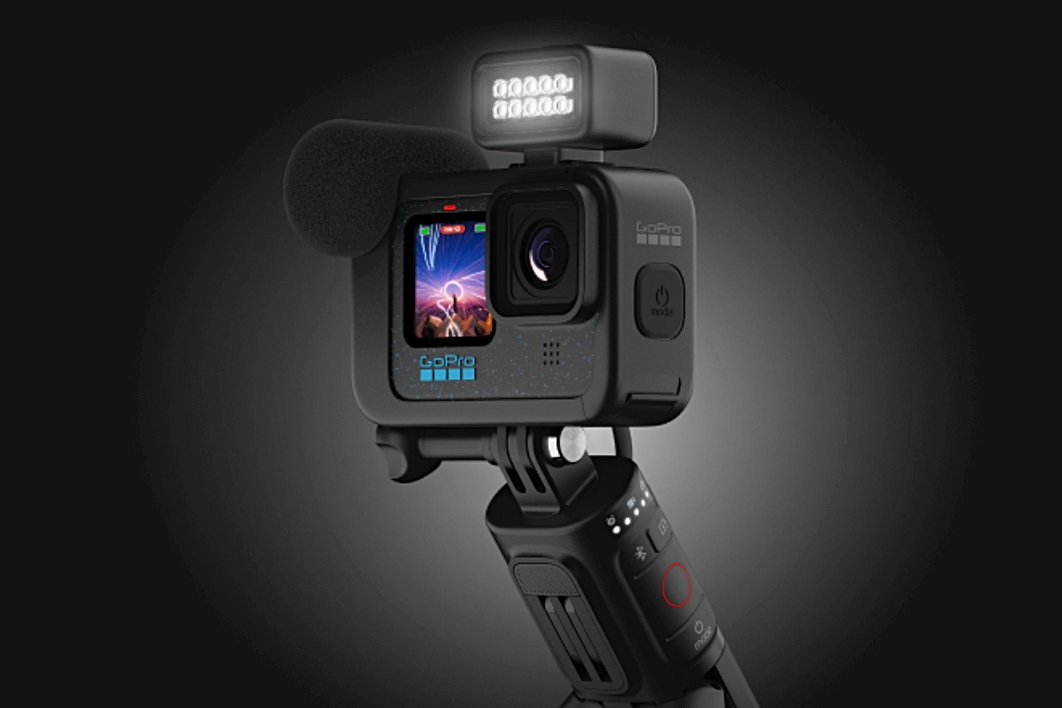 A GoPro HERO12 Black Creator Edition with the Volta Grip and Light and Media Mods.