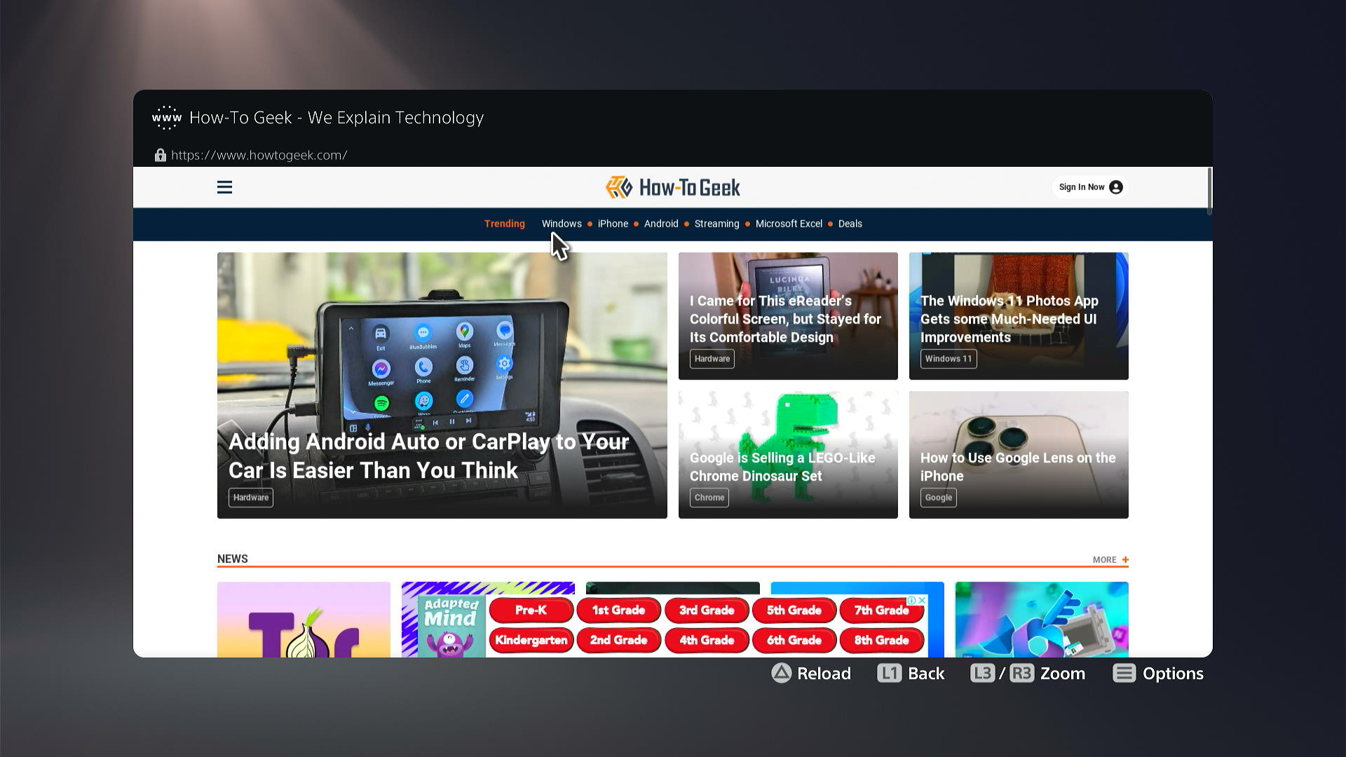 The How-To Geek homepage in the PS5's hidden browser.