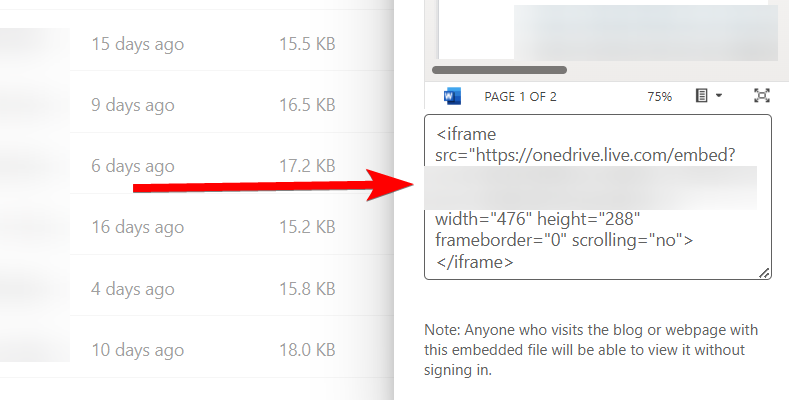 The HTML embed code of a file on OneDrive.