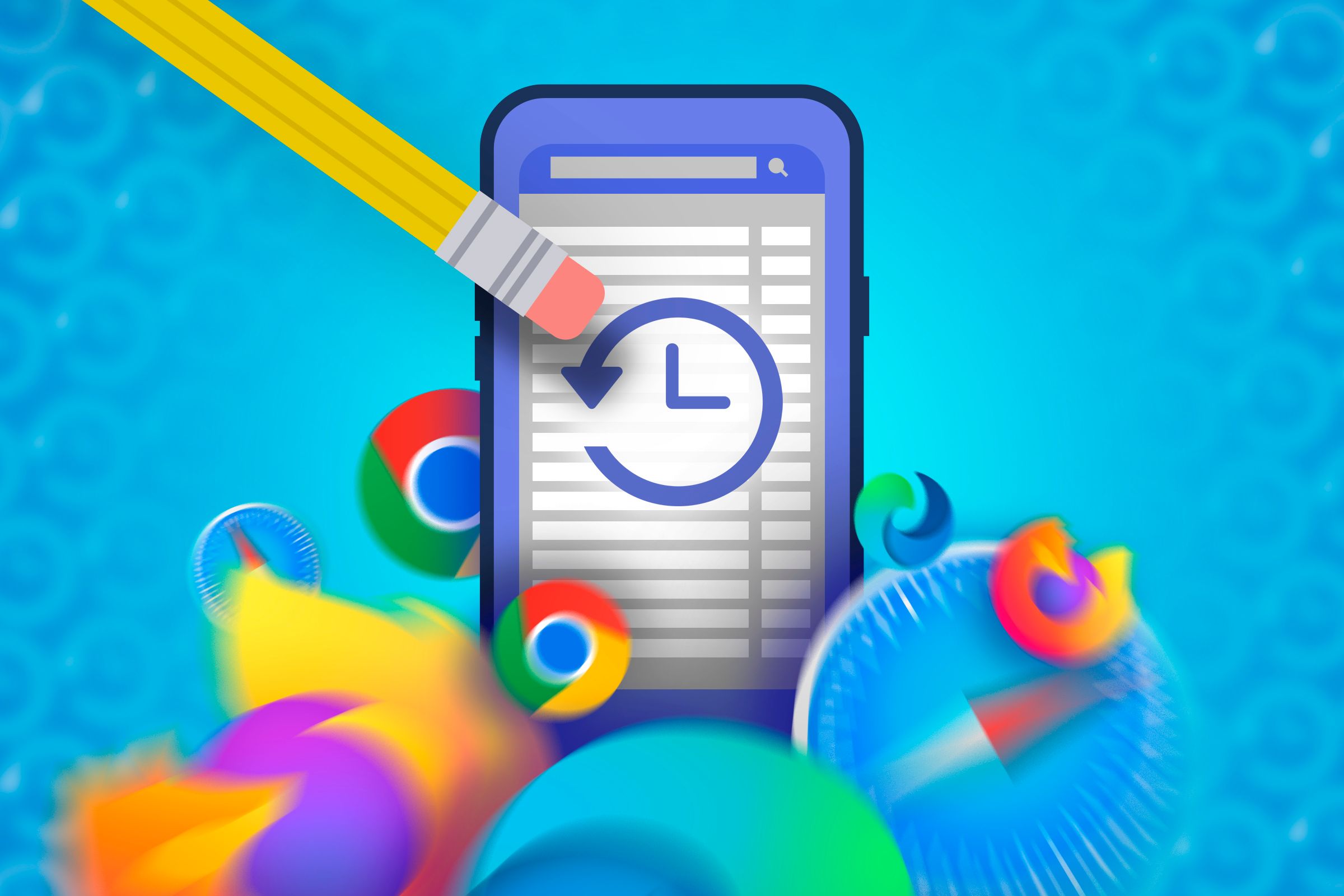 Illustration of a pencil erasing the browser history on a phone and several browser icons.