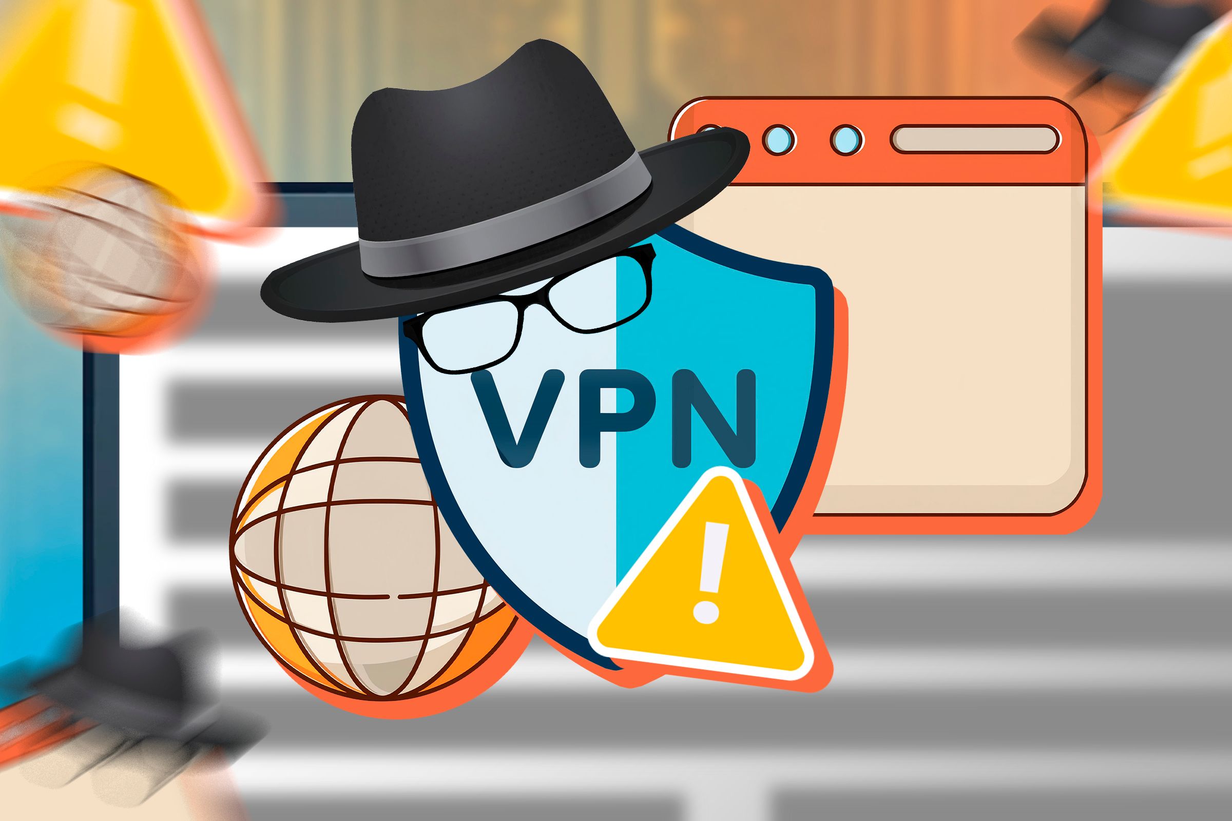 Ilustração de um ícone de VPN, chapéu preto e óculos, navegador e um sinal de alerta.