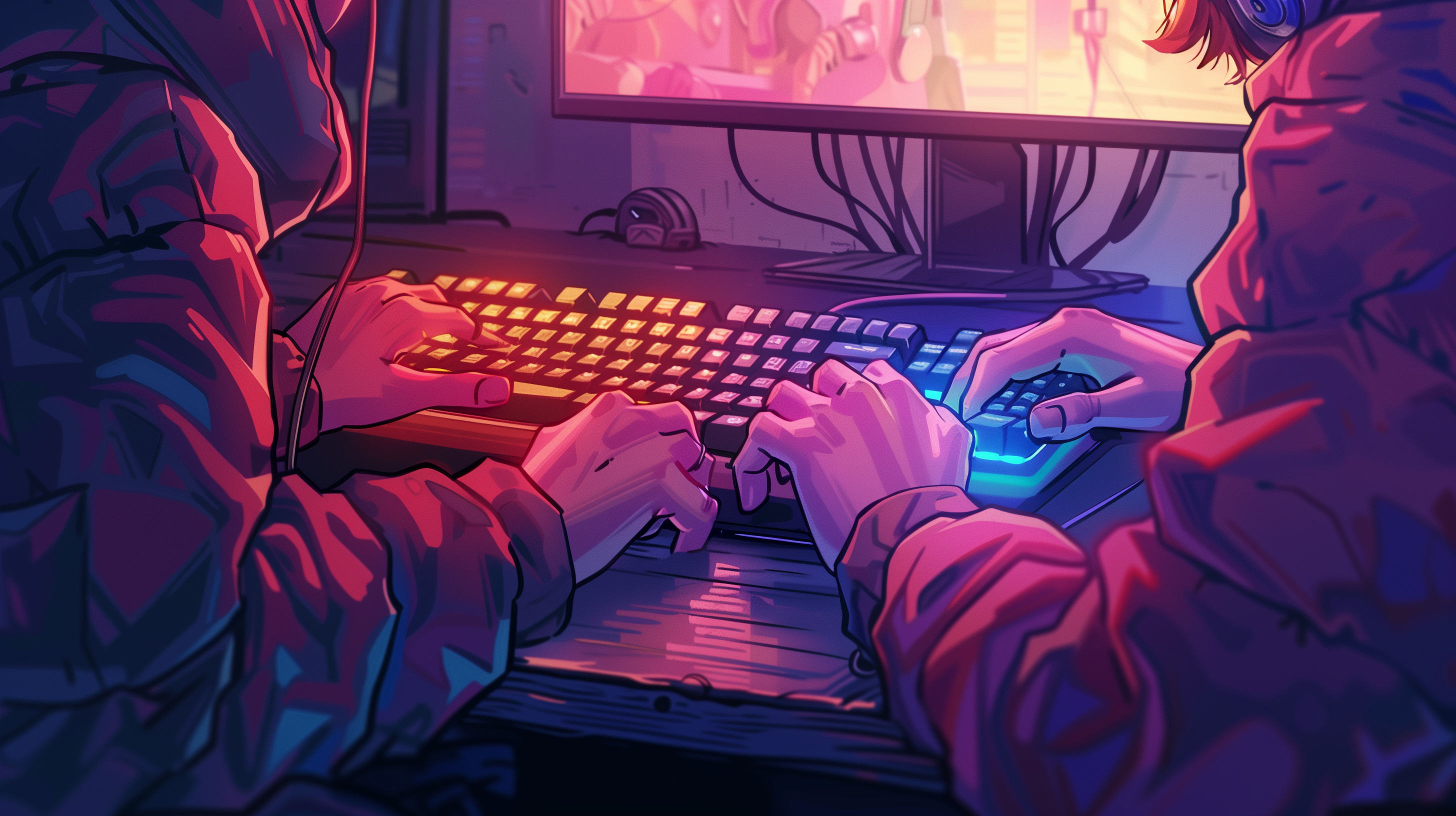 illustration of two people awkwardly trying to share a single keyboard and mouse setup for gaming.