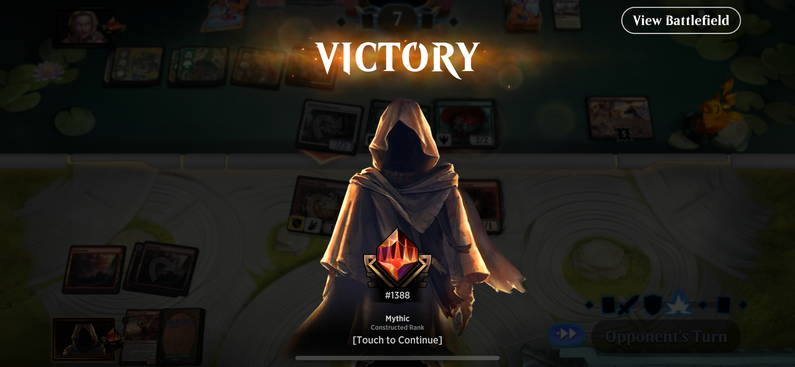 A screenshot from a winning game of Magic the Gathering: Arena on iPhone.