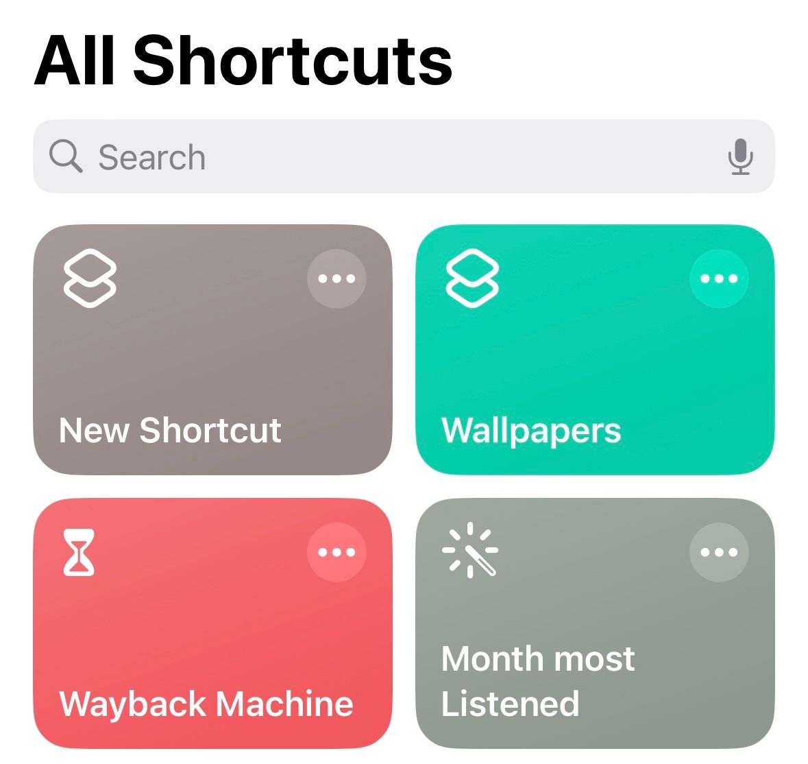 "All Shortcuts" menu in the iPhone Shortcuts app.