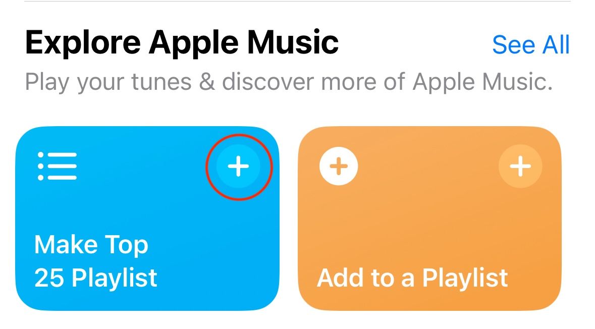 "Explore Apple Music" section of the Shortcuts gallery with "Make Top 25 Playlist" circled.