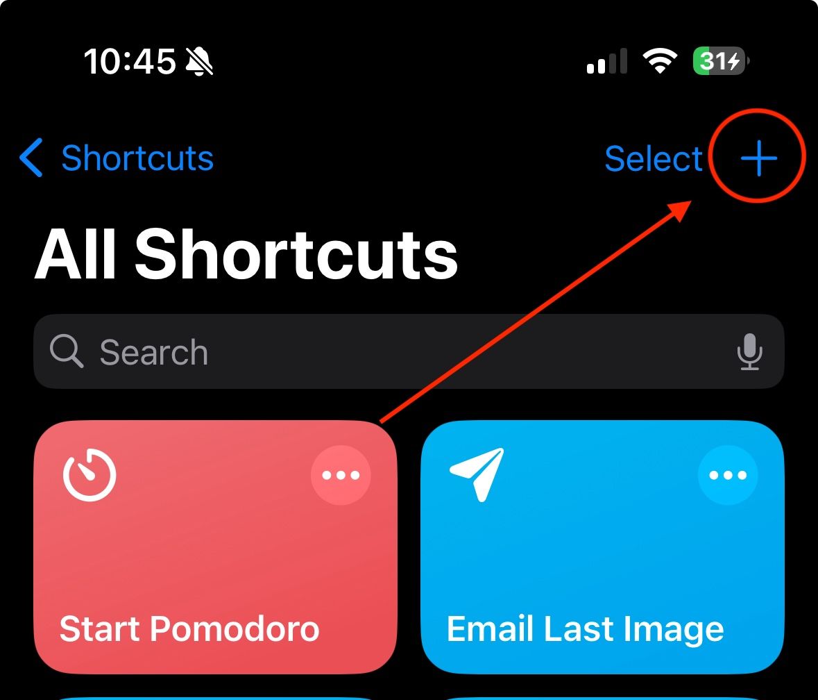 All Shortcuts section of Shortcuts app with + icon circled.
