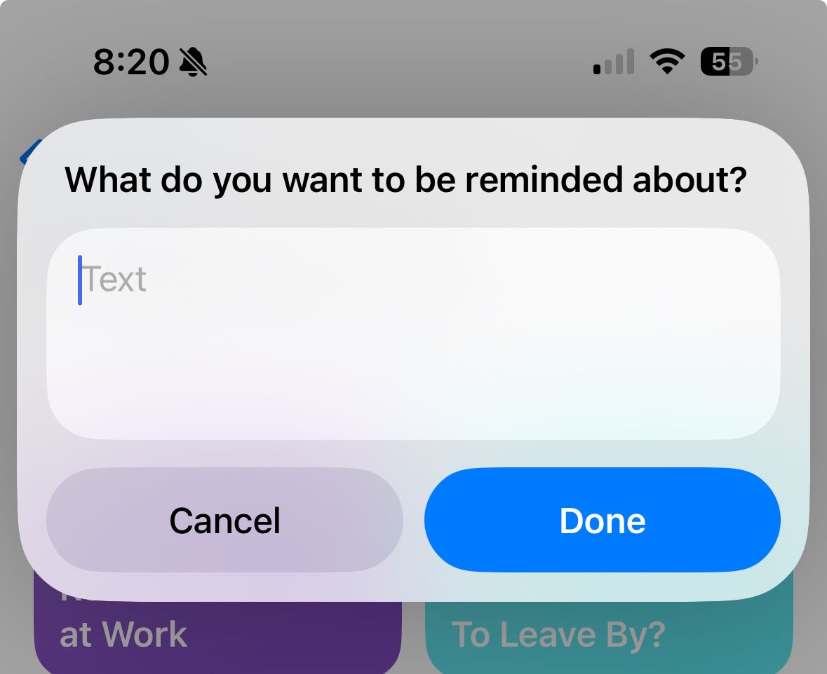 Reminder entry screen for Remind me at Work shortcut.