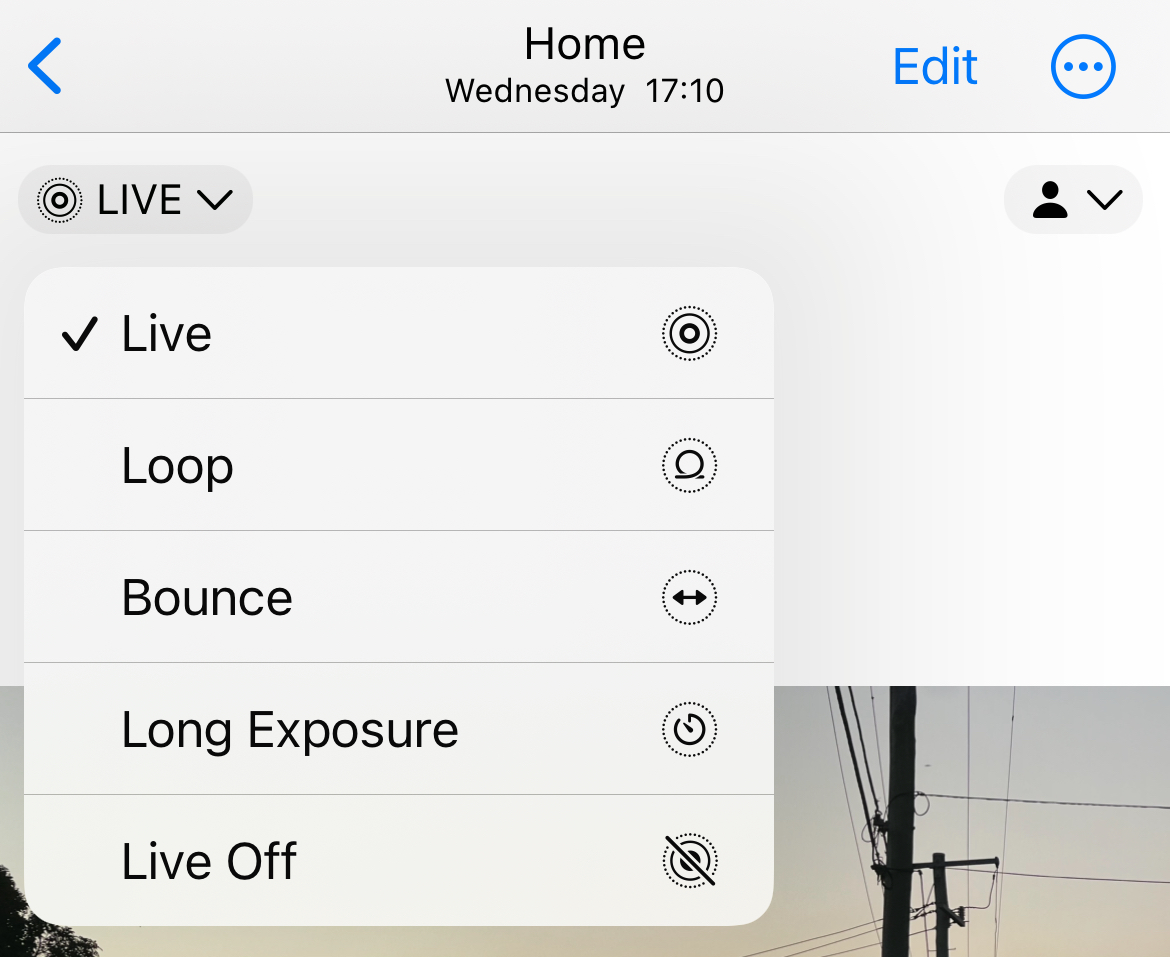 Live Photo options in the iPhone Photos app.