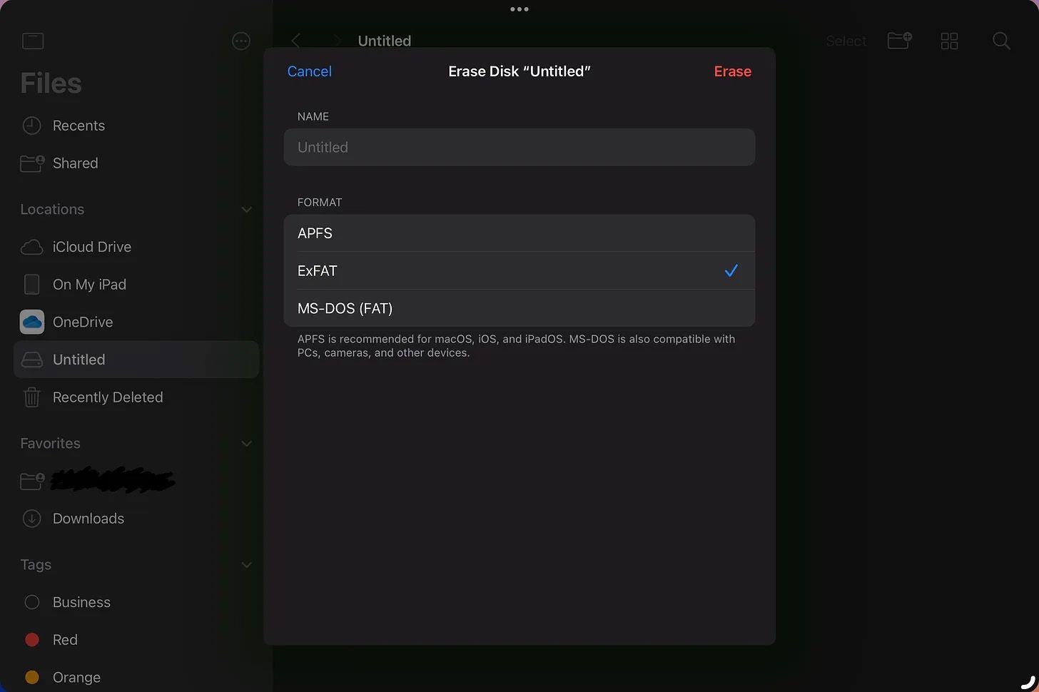 iPadOS Drive Formatting Options on iPadOS 18