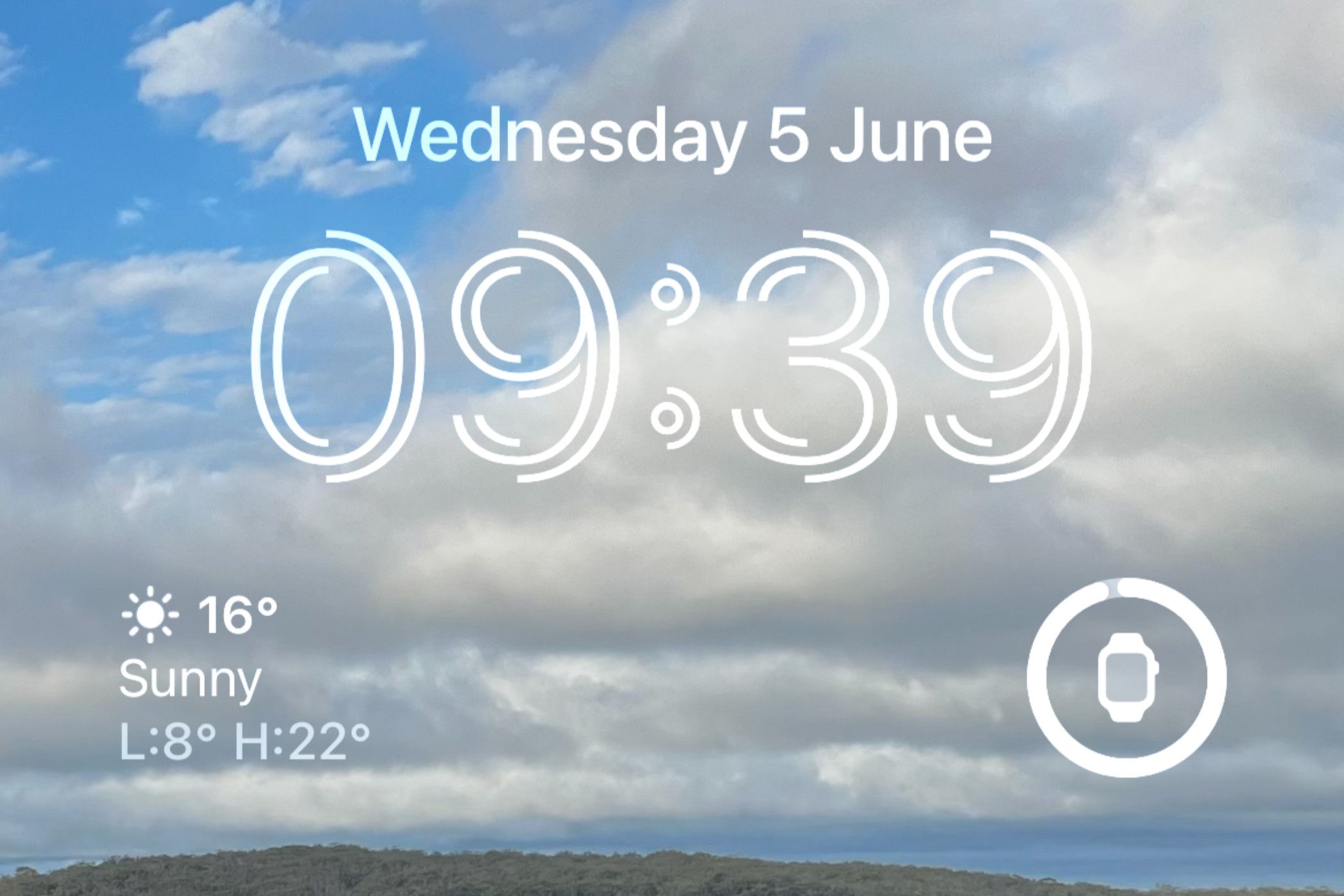 iPhone Lock Screen showing the weather and Apple Watch battery status.