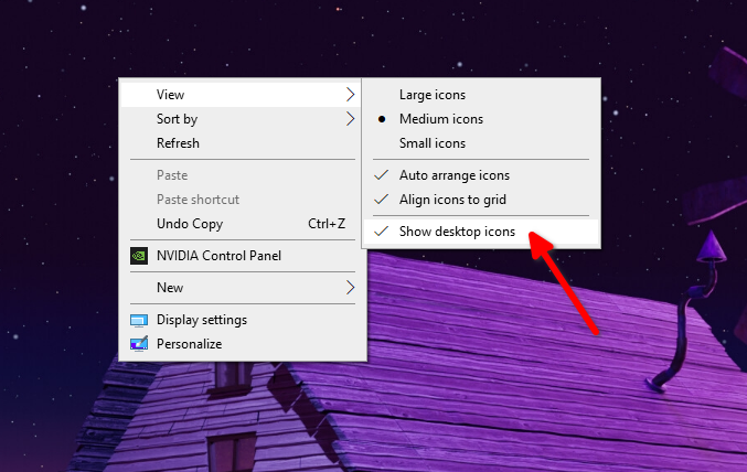 Context menu for hiding desktop icons.