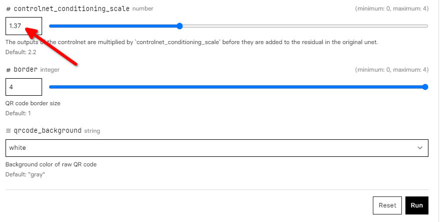 Other AI QR code generator settings on the Replicate Playground.