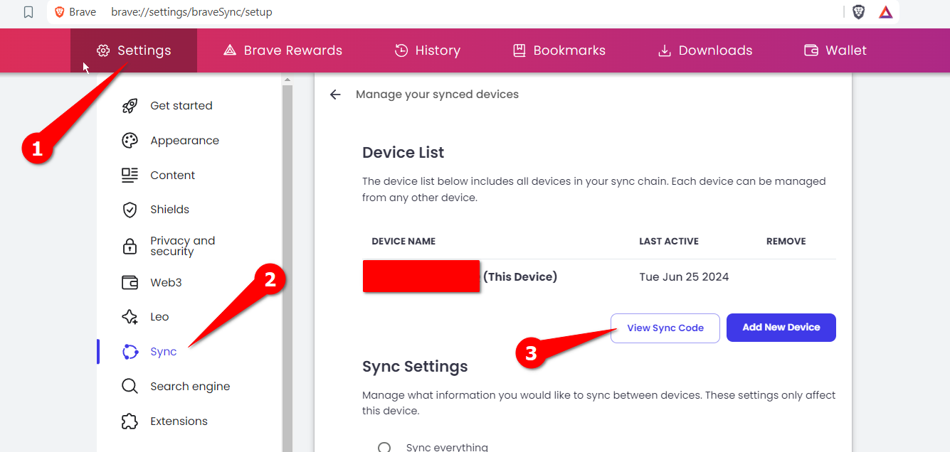 Finding the sync code on Brave desktop.