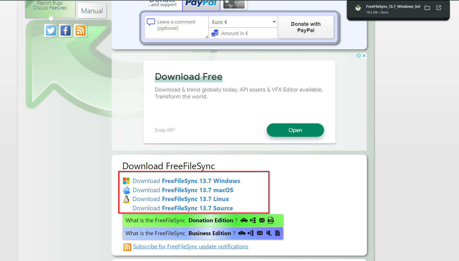 The official download page for FreeFileSync.