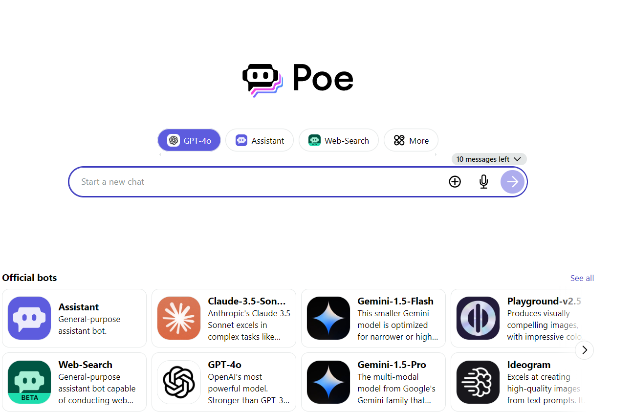 Poe AI homepage.