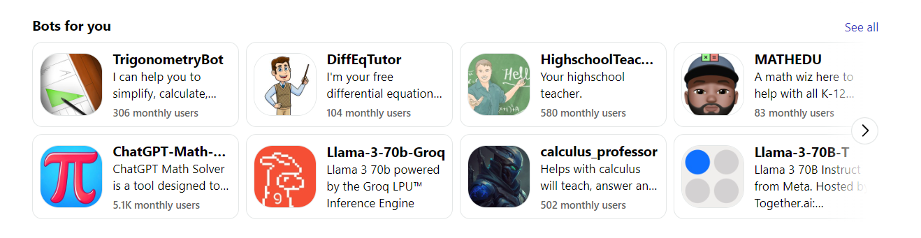 Recommended bots list on Poe.com.