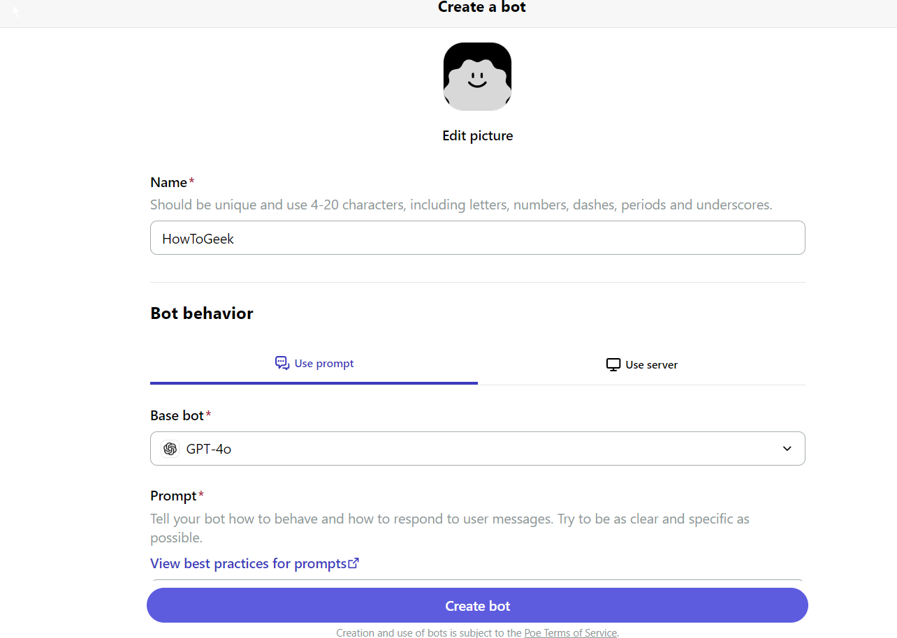Creating a custom bot in Poe AI.