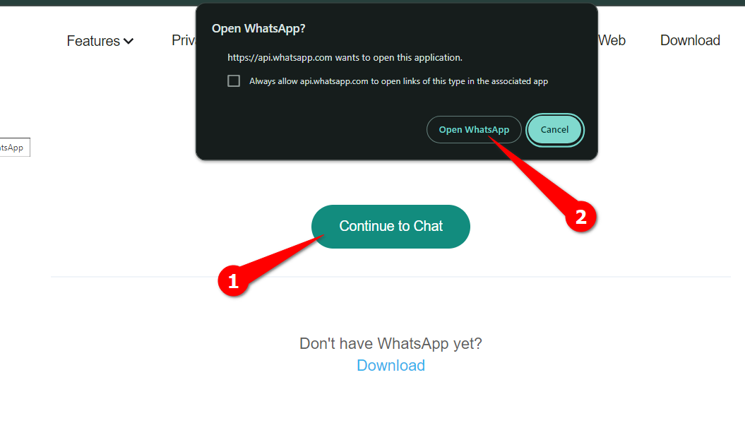 Starting a WhatsApp chat using an API link.