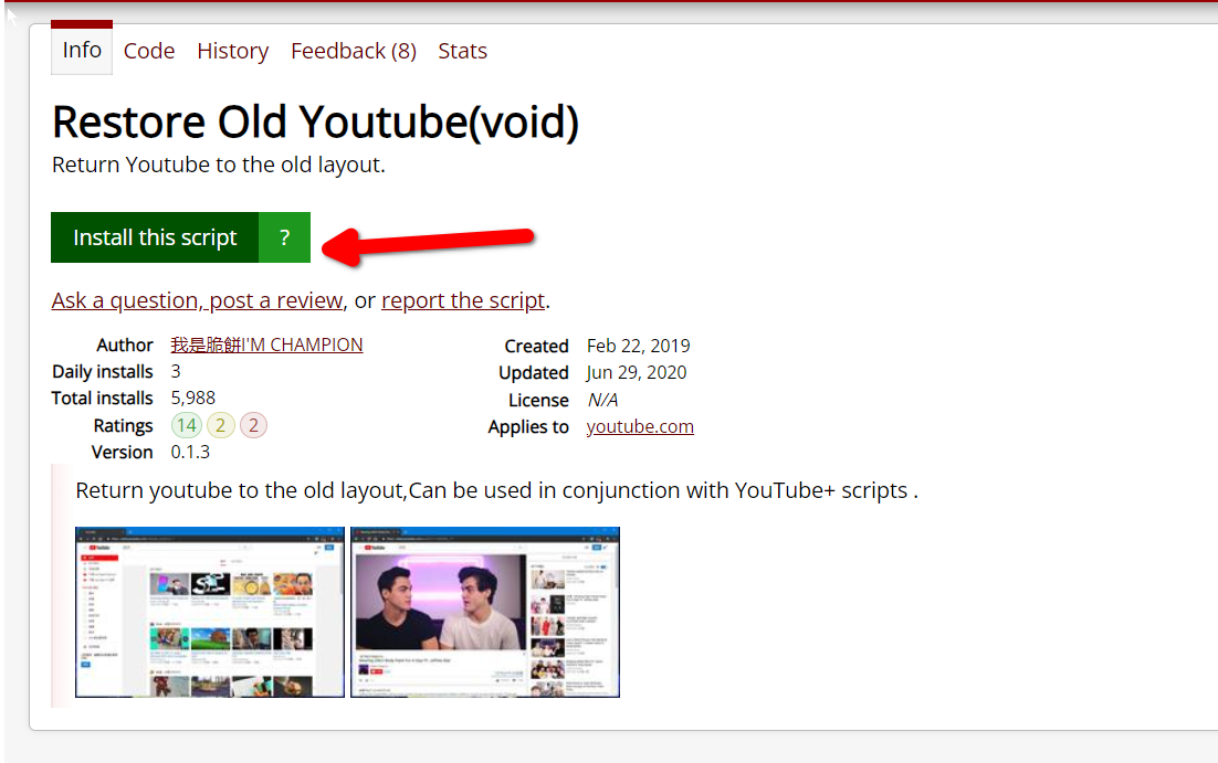 Installing a YouTube script in TamperMonkey.