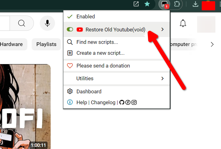 Enabling the old YouTube layout script in TamperMonkey.