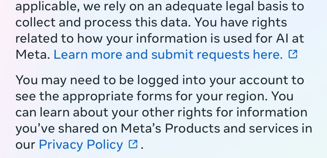 Meta Uses Your Instagram and Facebook Learn more And summit request hyperlink on Meta help page.