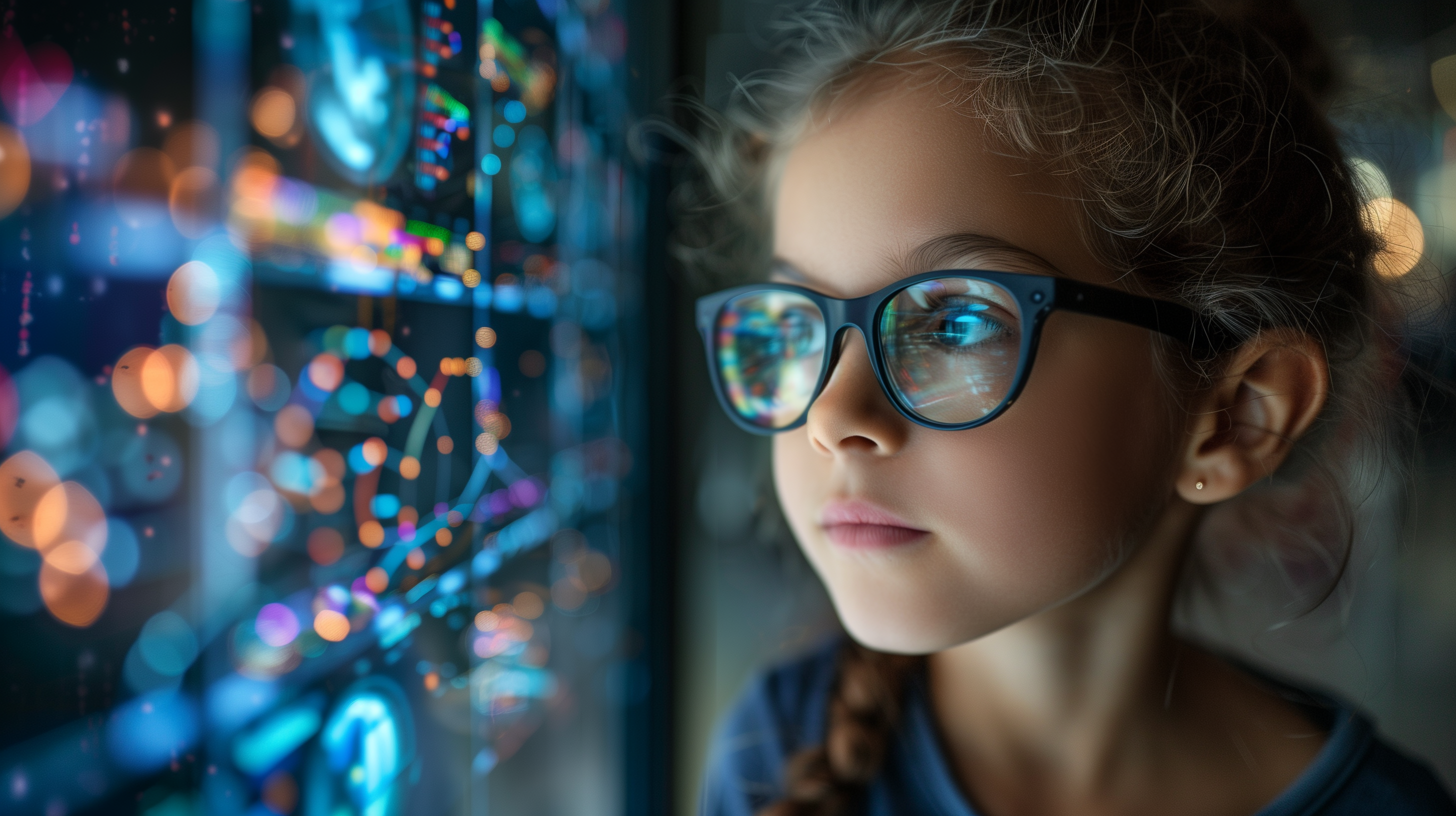 Little girl wearing glasses looking at a screen with complex patterns and figures