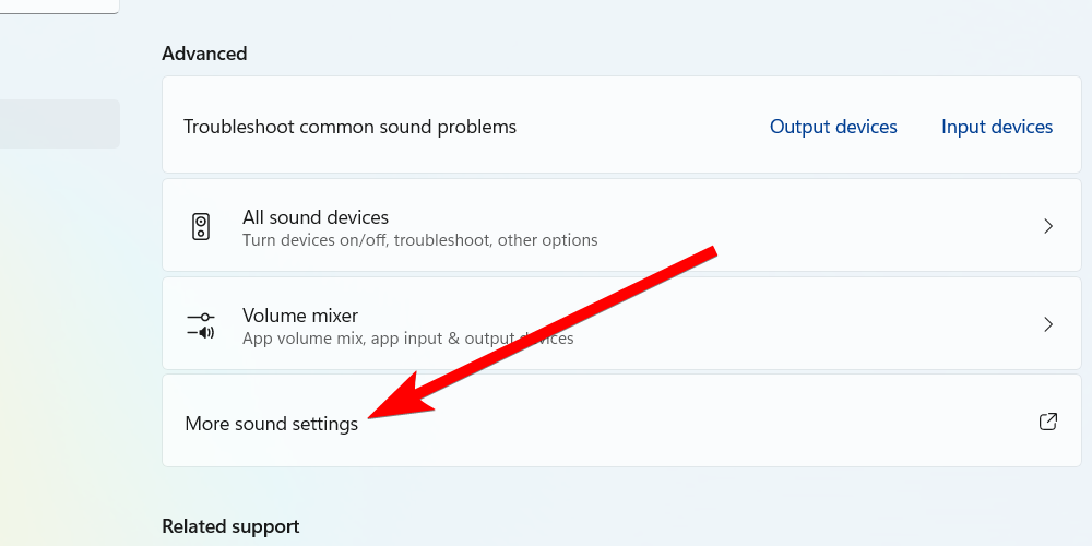 The "More Sound Settings" option in the Windows 11 Settings app.