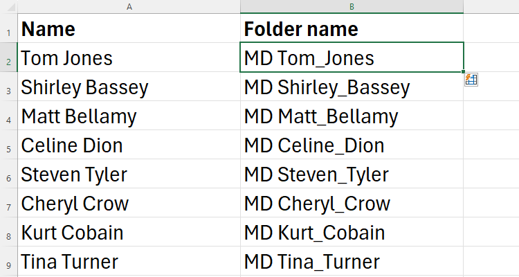 An Excel sheet containing a list of names in column A and the corresponding MD format in column B.