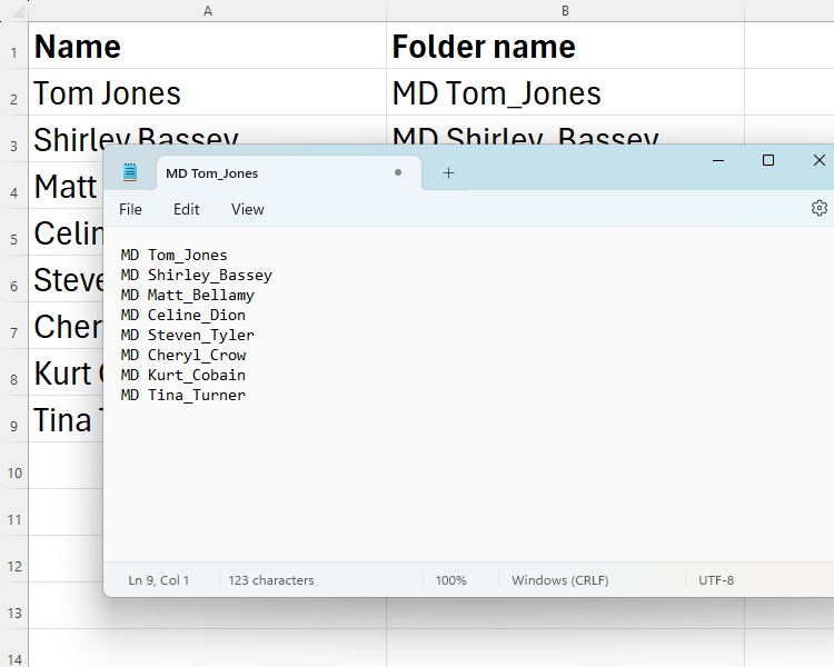 A list of names in Notepad, pasted from Excel, written using the MD format.